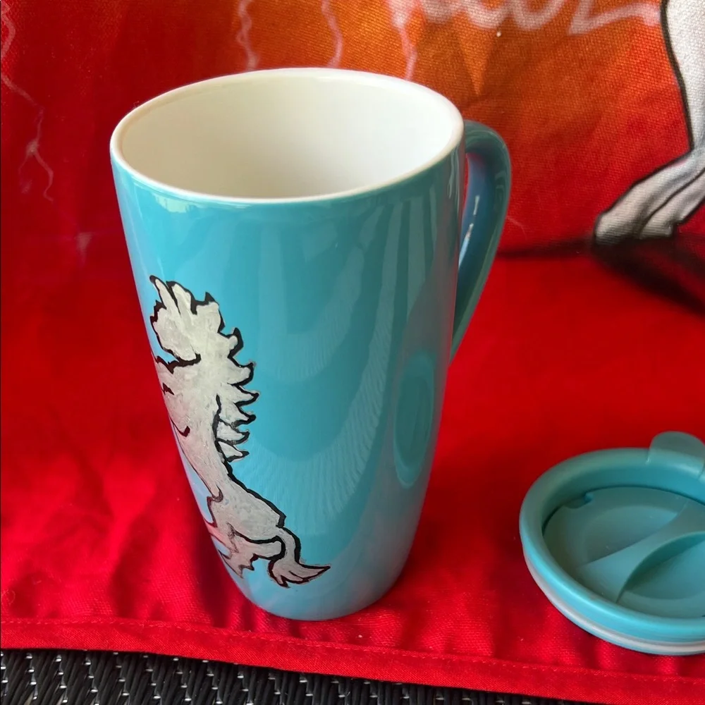 #0656 * White Horse Thunder Blue Travel Mug 16 0z 473 ml